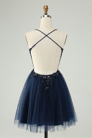 Vestido de cóctel de tul con lentejuelas azul marino brillante